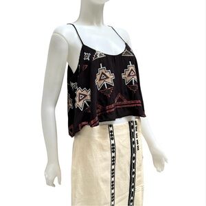 GAB &‎ KATE Ikat Print Black Cropped Camisole Gold Red Sequin Whimsy Goth 90 Y2K
